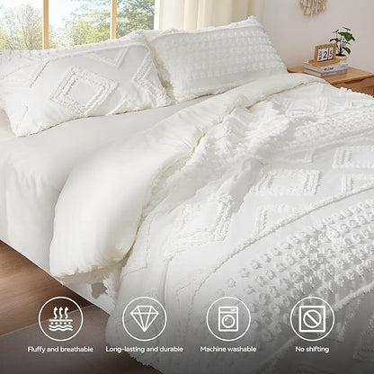Boho Queen Comforter Set White with Sheets, 3 Pieces Tufted Queen Comforter Sets Boho Bedding Cream Soft Warm Neutral Comforter Sets for All Seasons
