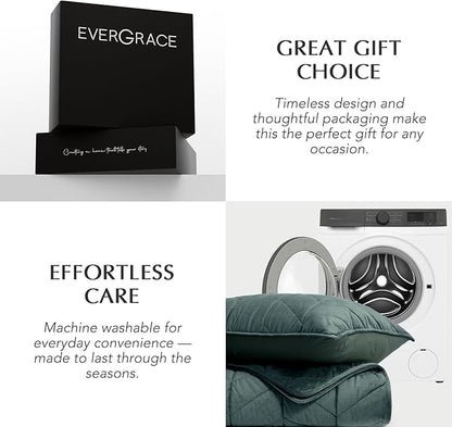 EVERGRACE 3 Pieces Luxurious Queen Velvet Quilts, Ultra Soft Lightweight Velvet Comforter Set, Matelasse Oversized Bedspread Coverlet for All Season with 2 Shams, Forest Green, 92"x96"