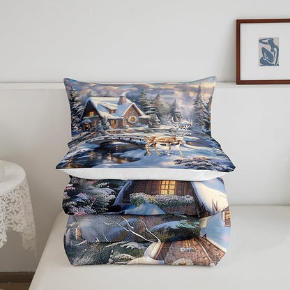 Winter Deer Comforter Set Queen Size,Wood Cabin House Bedding Set,Snowflake and Pine Tree Mountain Lake Quilt Set for Kids Girls Boys Adult Room Decor,Christmas Animals Duvet Insert 3Pcs