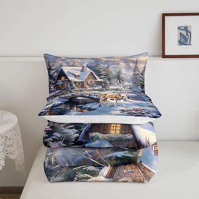 Winter Deer Bedding Set Full Size,Wood Cabin House Comforter Set,Snowflake and Pine Tree Mountain Lake Quilt Set for Kids Girls Boys Adult Room Decor,Christmas Animals Duvet Insert 3Pcs