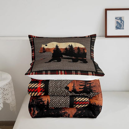 Erosebridal Hunting Bear Comforter Set King,Rustic Farmhouse Bedding Comforter Set,Buffalo Plaid Grid Bedding Set for Boys Girls,Kids Woodland Wild Animals Duvet Set Cabin Lodge Decor,Orange Grey