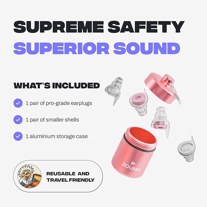 Zound Concert Earplugs Cosmic Blush - Reduces Loud Noise But Does Not Muffle Sound, Hear Music Clearly & Safely at Concerts & Festivals - Reusable, Comfortable Hearing Protection with Case