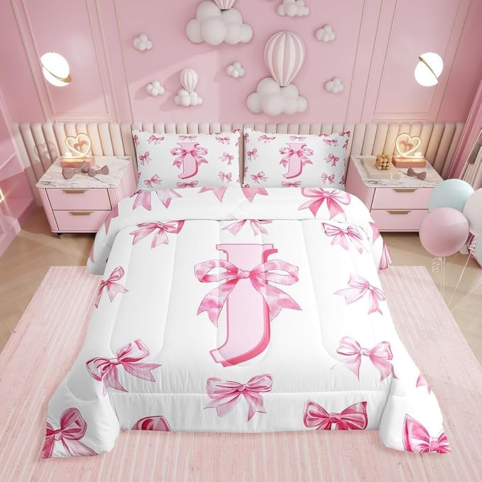 Erosebridal Kawaii Bowknot Girls Bedding Set Dreamy Princess Style Twin Comforter Set for Kids Teen Women,Cute Initial Letter J Bow Bedding Comforter Sets Pink Chic Girly Bed Set Bedroom Decor