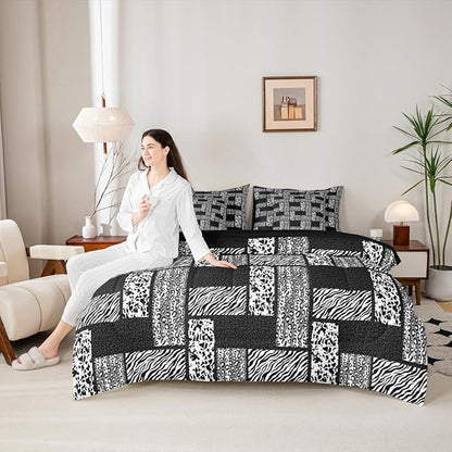 Wildlife Animals Fur Print Kids Comforter Set 7 Pcs,Leopard Cheetah Zebra Cow Skin Bed Set Twin,Black Grey Wildlife Bedding Sets,(1 Comforter,2 Pillowcase,2 Pillow Covers,1 Flat Sheet,1 Fitted Sheet)