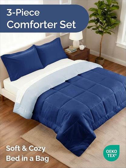 Full Comforter Set - 3 Piece Bed Set for All Seasons - 1 Soft Quilted Comforter w/ Corner Tabs & 2 Pillow Shams - Comfy, Cozy & Breathable - Premium Down Duvet Insert - Full Size, Navy Blue/Sky Blue