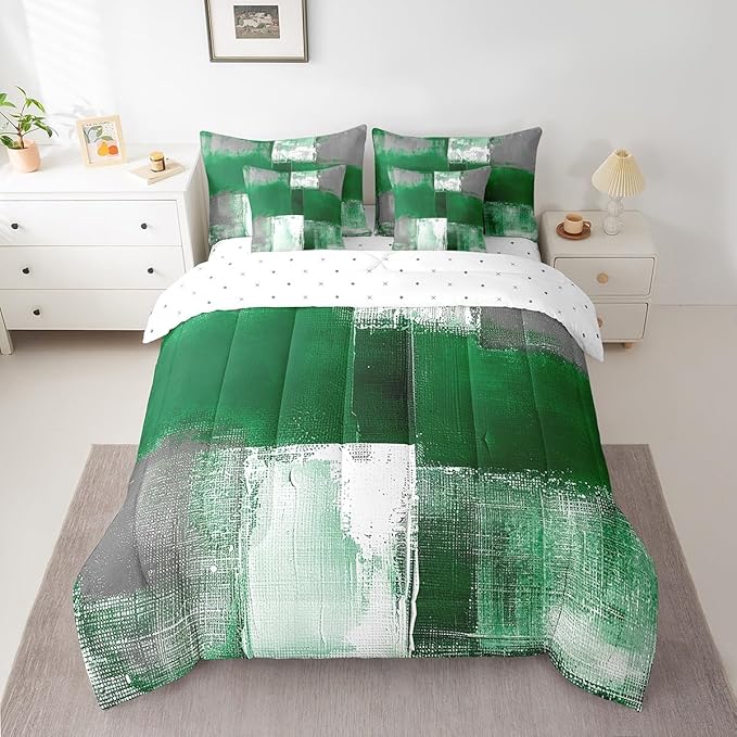 Erosebridal Green White Gray Twin Comforter Set 7pcs Aesthetic Bed in a Bag, Watercolor Bedding Comforter Sets (1 Comforter + 1 Fitted Sheet + 1 Flag Sheet + 2 Pillowcase + 2 Throw Pillow Cover)