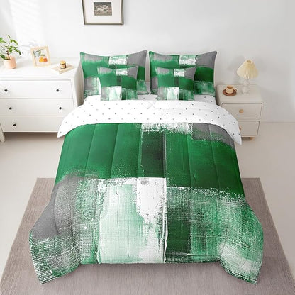 Erosebridal Green White Gray Twin Comforter Set 7pcs Aesthetic Bed in a Bag, Watercolor Bedding Comforter Sets (1 Comforter + 1 Fitted Sheet + 1 Flag Sheet + 2 Pillowcase + 2 Throw Pillow Cover)