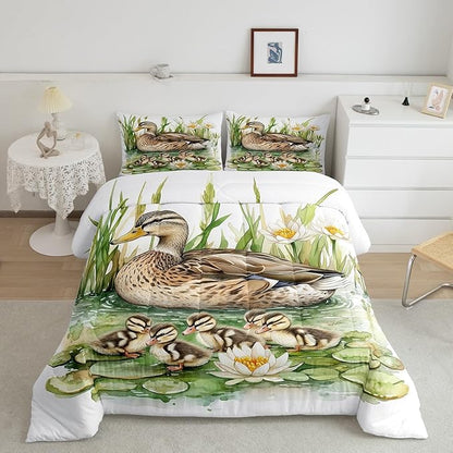 Duck Family Toddler Size Comforter Sets for Boys Girls,Watercolor Pond Flowers Leaves Bedding Sets Youth Men Bedroom Decor,Wild Duck Cute Birds 2 Pieces Quilt Set,Farmhouse Style Duvet Insert
