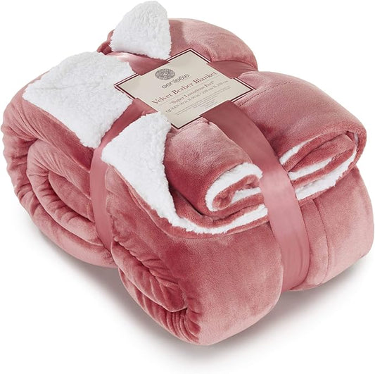 Genteele Sherpa Throw Blanket Super Soft Reversible Ultra Luxurious Plush Blanket, 90 x 90 inches, Light Mahogany/White