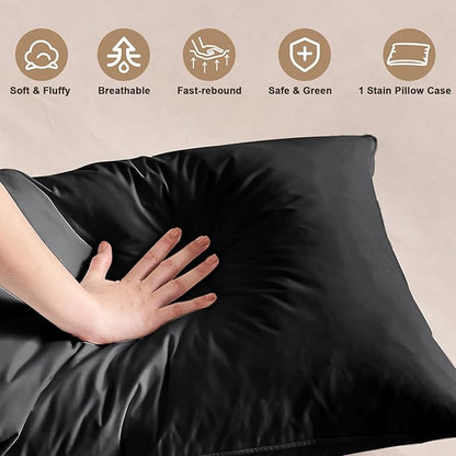 BHZ Black Satin Goose Down Feather Pillows Standard Size with Black Satin Pillowcase for Hair and Skin, Cooling Pillow Cases Similar to Silk Pillow Cases, Decorative for Women, Mom Men