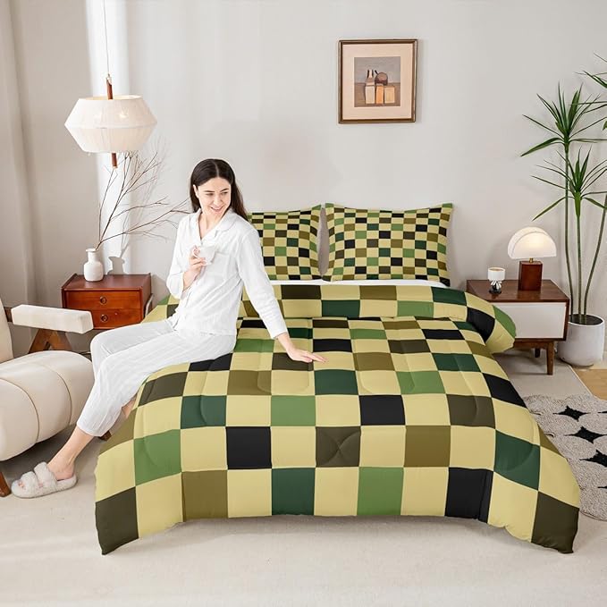 Feelyou Checkered Retro Comforter Set All Season Hunter Green Plaid Bedding Set with 2 Pillow Cases Geometric Camo Army Kids King Bedclothes Modern Hunting Groovy Aesthetic Bedroom Decor Duvet Quilt