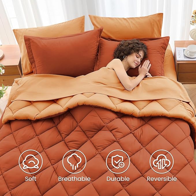 MUXHOMO 5 Pieces Twin Comforter Set, Reversible Bed in a Bag Twin Size, All Season Bedding Set with Comforter, Flat Sheet, Fitted Sheet, Pillowcases & Shams, Burnt Orange & Camel