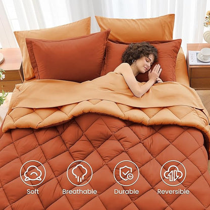 MUXHOMO 5 Pieces Twin Comforter Set, Reversible Bed in a Bag Twin Size, All Season Bedding Set with Comforter, Flat Sheet, Fitted Sheet, Pillowcases & Shams, Burnt Orange & Camel