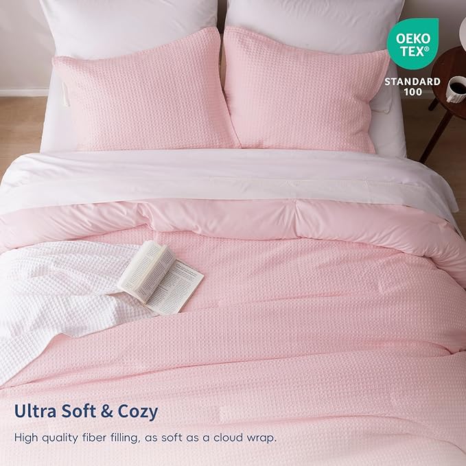 David's Home Waffle Weave Comforter Set 3PCS King Size, Soft Breathable Lightweight Cozy Skin-Friendly Warm for All Season, Elegant Aesthetic Home Decor Bedding Set with Pillow Shams, Pink