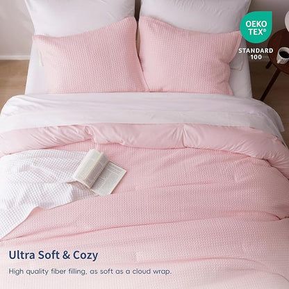 David's Home Waffle Weave Comforter Set 2PCS Twin Size, Soft Breathable Lightweight Cozy Skin-Friendly Warm for All Season, Elegant Aesthetic Home Decor Bedding Set with Pillow Shams, Pink