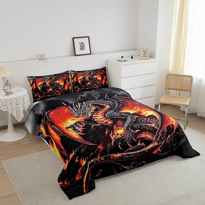 Erosebridal Dragon Queen Size Bedding Set, Ancient Animal Comforter Set for Adult Men Room, Black Gold Wildlife Down Comforter, Lightweight Quilt, Breathable Room Decor
