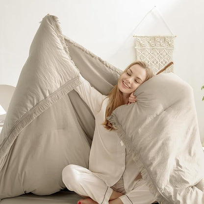 Andency Oatmeal Comforter Set Twin Size, 2 Pieces Boho Tassel Lightweight Bedding Comforter Sets, All Season Soft Fluffy Fringe Bed Set (66x90In Comforter & 1 Pillowcase)