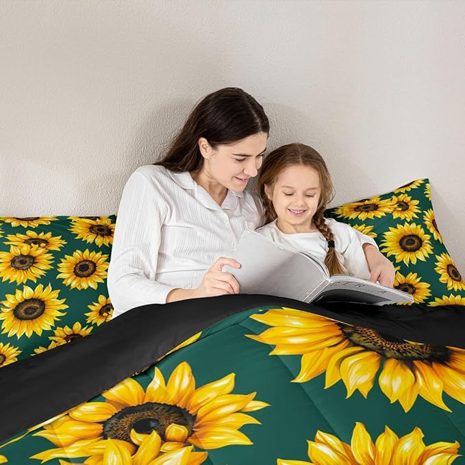 Erosebridal Sunflower Comforter Set King Size 3D Floral Bedding Set for Kids Girls Women Adult Yellow Floral Down Comforter Botanical Flower Print Green Quilt Set Blossom Garden Duvet Set