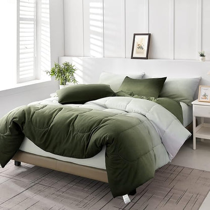 7 Pieces Olive Green King Comforter Set - Lightweight Gradient Dark Green Bed in a Bag Set, All Season Down Alternative Complete Bedding Set with Flat/Fitted Sheet, 2 Pillowcases and 2 Pillow Shams