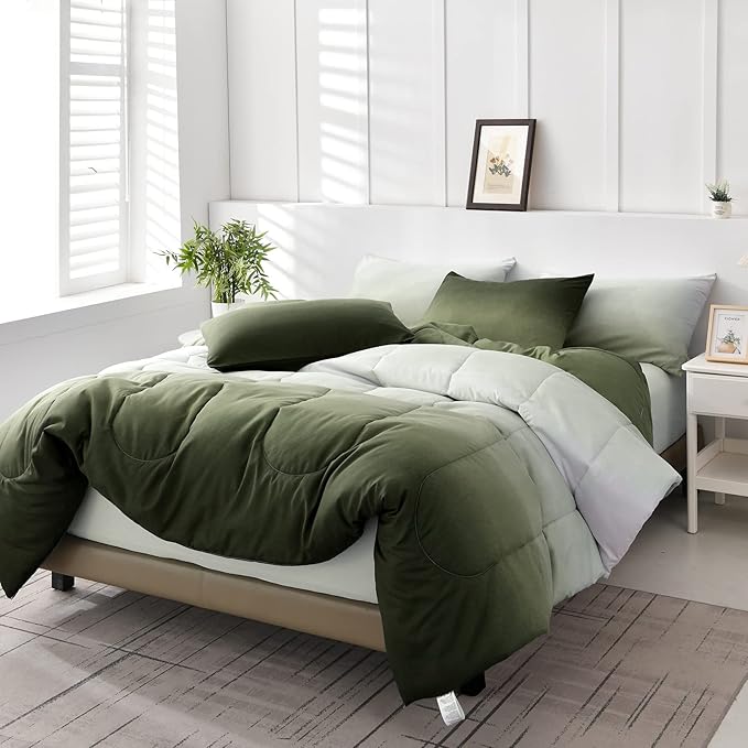 Anibedding Comforter Set Queen Green 7 Pieces Gradient Olive Green Lightweight Bed in a Bag Queen Size Set, All Season Complete Bedding Set with Flat/Fitted Sheet, Pillowcases Pillow Shams