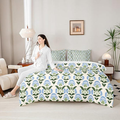 Feelyou Girls Vintage Flowers Comforter Set with Sheets Full Size 7 Pieces Kids Romantic Florals Pattern Bedding Set for Boys Women Teens Botanical Nature Garden Theme Bed in a Bag Room Decor
