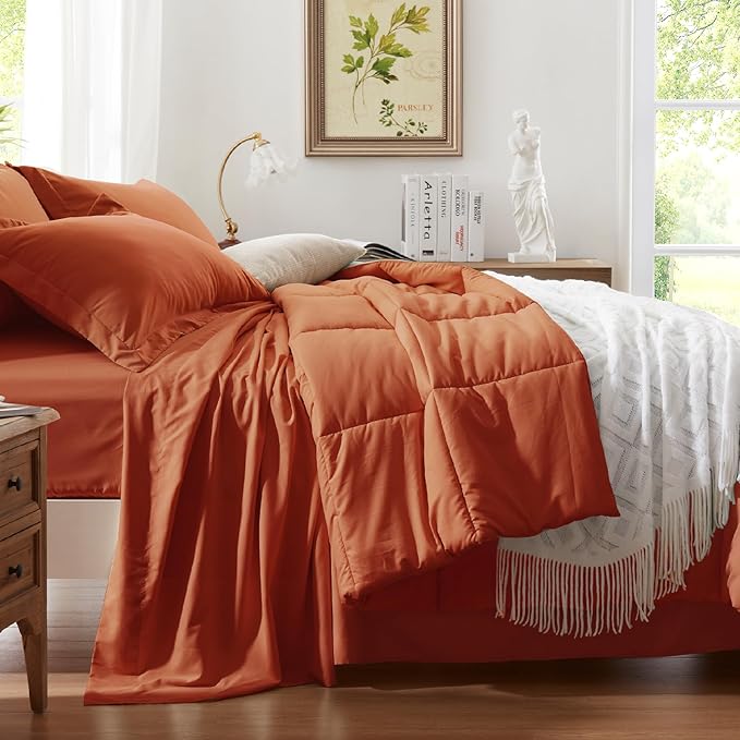 Anluoer Full Size Bed in a Bag 7 Pieces, Burnt Orange Bed Comforter Set with Sheets, All Season Bedding Sets with 1 Comforter,2 Pillow Shams,2 Pillowcases, 1 Flat Sheet,1 Fitted Sheet