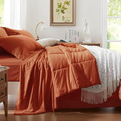 Anluoer Twin Size Bed in a Bag 5 Pieces, Burnt Orange Bed Comforter Set with Sheets, All Season Bedding Sets with 1 Comforter, 1 Pillow Sham, 1 Pillowcase, 1 Flat Sheet, 1 Fitted Sheet