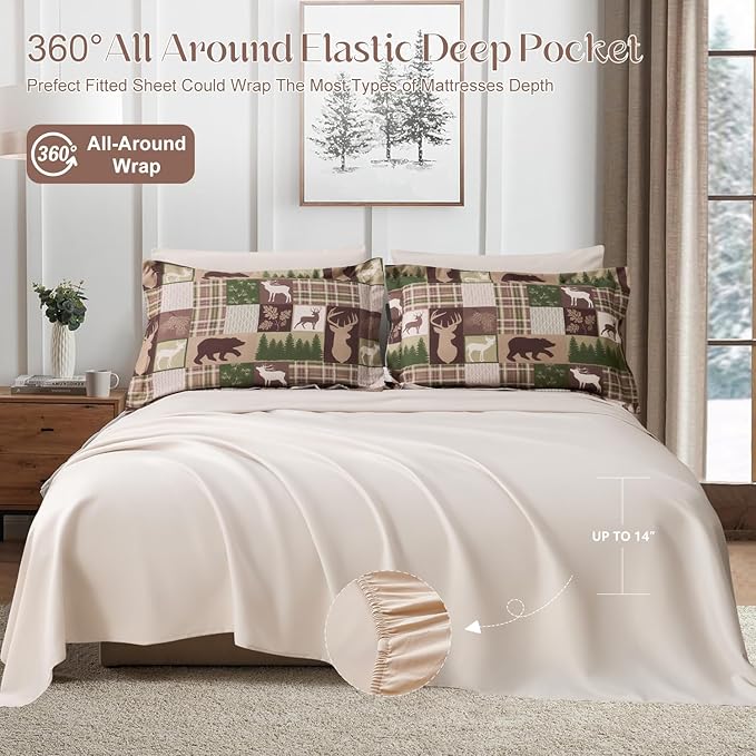 Comforter Set Queen Size Bear Moose Plaid Comforter Bedding-7 Piece Bed in a Bag,Soft Reversible Patchwork Microfiber Bedding Set (1 Comforter,1 Flat Sheet,1 Fitted Sheet,2 Pillowcases,2 Pillow Shams)