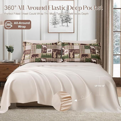 Comforter Set Queen Size Bear Moose Plaid Comforter Bedding-7 Piece Bed in a Bag,Soft Reversible Patchwork Microfiber Bedding Set (1 Comforter,1 Flat Sheet,1 Fitted Sheet,2 Pillowcases,2 Pillow Shams)