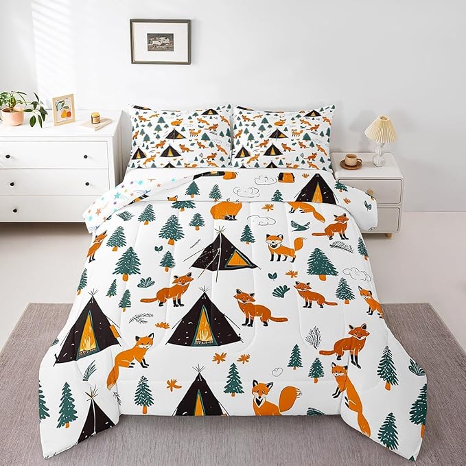 Feelyou Camping Comforter Set King Size Fox Comforter Camper Accessories for Travel Trailers Bedding Set Cute Duvet Set Room Decor Wool White Quilt Set