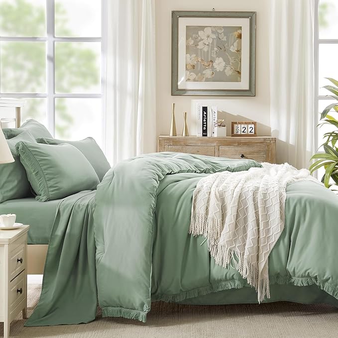 Andency Oversized King Comforter Set with Sheets 128x120 Sage Green - 7 Pieces Bed in a Bag Boho Soft Lightweight Bedding Sets, Tassel Bed Set with Comforter, Sheets, Pillowcases & Shams