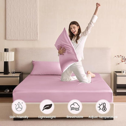 THXSILK 6A+ Top Grade 100% Pure Mulberry Silk Queen Fitted Sheet 3Pcs Set Bed Sheets Luxury Bedding for Hair and Skin Health Oeko-TEX Certified Safety, 1 Fitted Sheet with 2 Pillowcases, Lavender