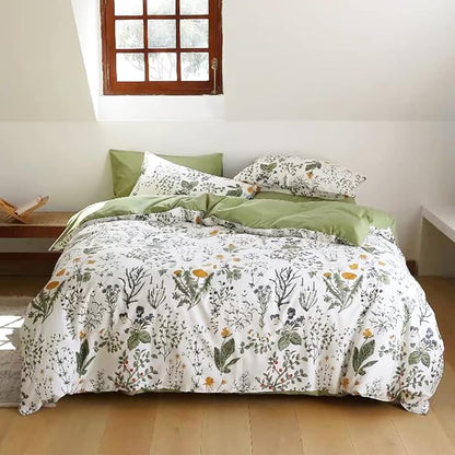 KAREVER Botanical Comforter Set Twin Cotton White and Green Floral Plant Bedding Set Garden Pattern Printed on White Reversible Blanket 3 PCs 1 White Comforter 2 Pillowcases