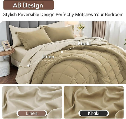 MUXHOMO 7 Pieces Queen Comforter Set, Reversible Bed in a Bag Queen Size, All Season Bedding Set with Comforter, Flat Sheet, Fitted Sheet, Pillowcases & Shams, Khaki & Linen