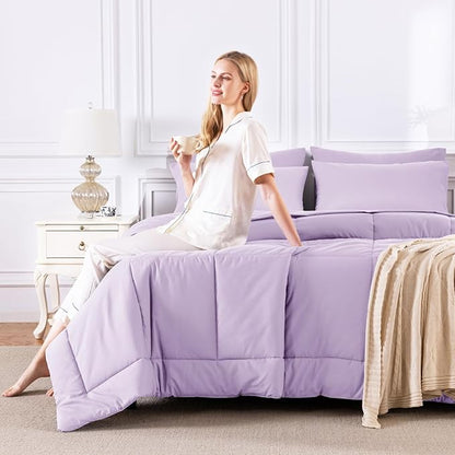 CozyLux King Size Comforter Set Lavender, 7 Pieces Bed in a Bag, Light Purple Comforter King Size, All Season Bedding Sets with Stitch Quilted Comforter, Flat Sheet, Fitted Sheet, Pillowcases