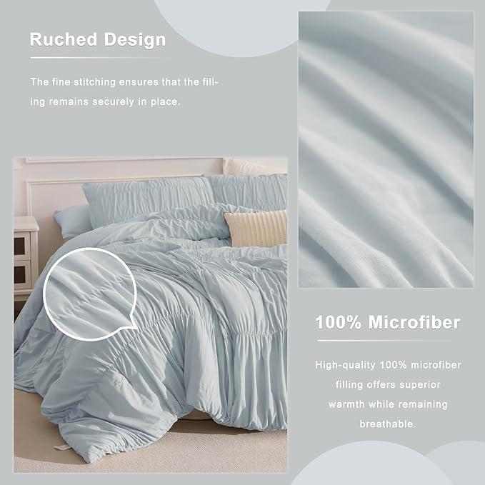 Masaca Oversized King Comforter(120"x98"),Light Blue Ruched Ruffle Bedding Comforter Set,3 Pieces Lightweight California King Farmhouse Shabby Boho Chic French Country Bedding Set for All Season