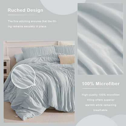 Masaca Oversized King Comforter 128x120,3 Pieces Ruched Light Blue Ruffle Comforter Set Lightweight Luxury Farmhouse Shabby Extra Large King Size Bedding for All Season