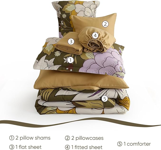 DJY 7 Pieces Brown Floral Comforter Set Queen Size Botanical Bed in a Bag, Soft Microfiber Boho Farmhouse Bedding Floral Comforter with Sheets Set for All Season (90''x90'')