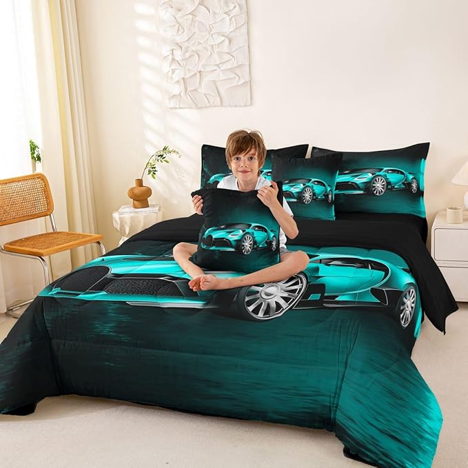 Feelyou Sports Car 7 Piece Bedding Set Teal Blue Race Car Comforter Set with Sheets for Kids Boys Girls Extreme Sports Theme Bed in a Bag Cool Speed Car Decor Bed Set with 2 Pillowcases Queen Size
