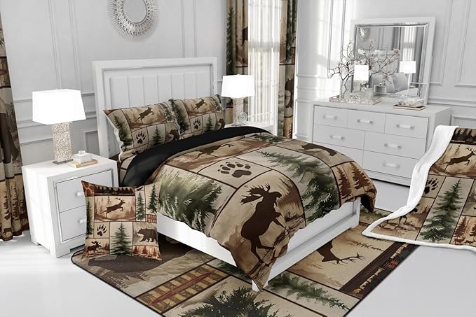 Feelyou Western Rustic Bear Deer Comforter Set Toddler Size, Country Farmhouse Duvet Insert, Rustic Cabin Bedding Set,Elk Forest Animal Wildlife Hunting Patchwork Lodge Quilt, 1 Pillow Shams