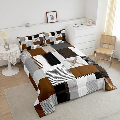 Erosebridal Brown Grey King Comforter Set for Boys Men Black White Abstract Bedding Set for Kids Adults Geometric Square Quilt Grids Checkered Duvet Insert Modern Fashion Room Decor 3 Pcs