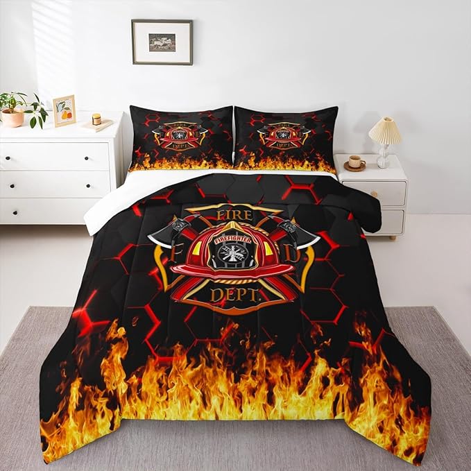 Fire Fighting Kids Comforter Set King Size,Fire Fighting Truck Tool Flame Bedding Set,Boys Girls Adults Room Decor,Geometric Honeycomb Hexagon Down Comforter,Red Black Duvet Insert,2 Pillowcases
