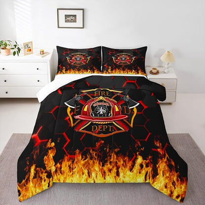 Fire Fighting Kids Comforter Set King Size,Fire Fighting Truck Tool Flame Bedding Set,Boys Girls Adults Room Decor,Geometric Honeycomb Hexagon Down Comforter,Red Black Duvet Insert,2 Pillowcases