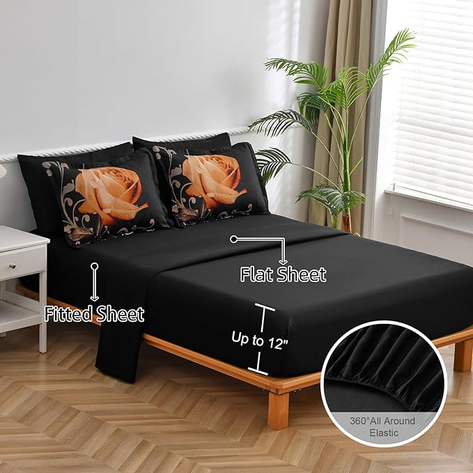 Xruibed Floral Comforter Set Queen 7 Piece Bed in a Bag Orange Rose Flower Comforter with Sheet Set Soft Micorfiber Bedding Set (1 Comforter,2 Pillow Shams,1 Flat Sheet,1 Fitted Sheet,2 Pillowcases)