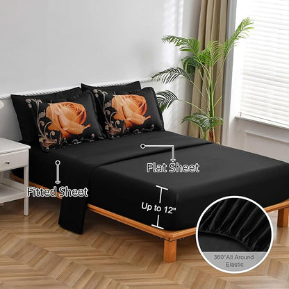 Xruibed Floral Comforter Set Queen 7 Piece Bed in a Bag Orange Rose Flower Comforter with Sheet Set Soft Micorfiber Bedding Set (1 Comforter,2 Pillow Shams,1 Flat Sheet,1 Fitted Sheet,2 Pillowcases)