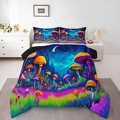 Mushroom Kids Bedding Set Queen Size,Star Moonlight Galaxy Magical Comforter Set，Mysterious Plant Quilt Comforter,Colorful Bedroom Duvet Insert,2 Pillowcases