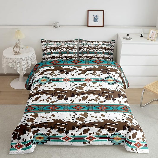Feelyou Green Southwestern Bedding Set Full Size Cow Print Comforter Set Geometric Tribal Native American Indian Design Comforter Decor Exotic Style Stripe Line Duvet Set