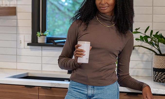 Ello Jones 11oz Insulated Stainless Steel Travel Mug with Leak-Proof Slider Lid, Single Serve Small Coffee Tumbler, Keeps Drinks Hot 3 Hours Cold 8 Hours, BPA-Free, Beige Gingham