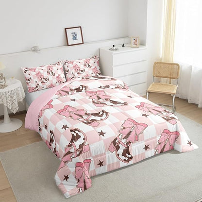 Feelyou Pink Western Bedding Set Cowgirl Cowboy Boots Comforter Set for Kids Boys Girls Teens Room Decor Cute Bowknot Dreamy Princess Style Comforter Toddler Size Plaid Duvet Set 2Pcs