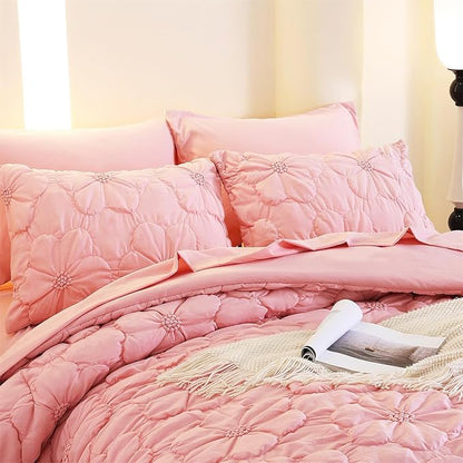 Pink Pinch Pleat Comforter Set King Size-7 Pieces Bedding Comforter Bed in A Bag-Lightweight Microfiber Bedding Set with Comforter,Fitted Sheet,Flat Sheet and Pillow Shams-104 x90